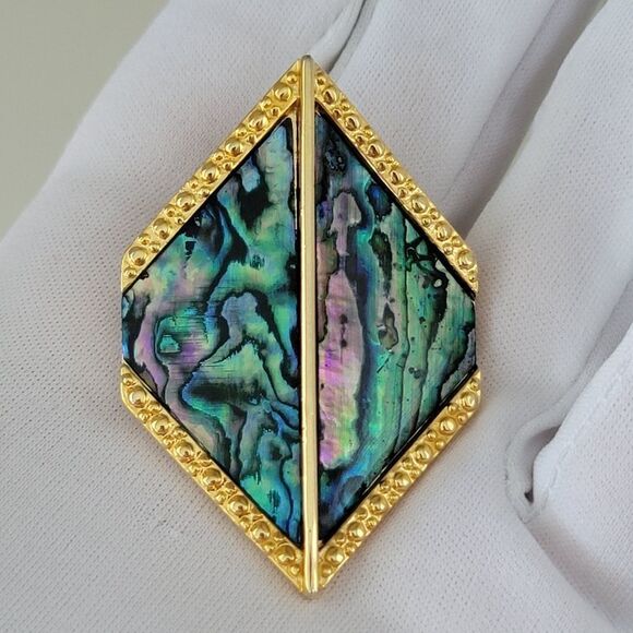Brooch Gold Tone Abalone Geometric Brooch #0235 - Picture 5 of 6